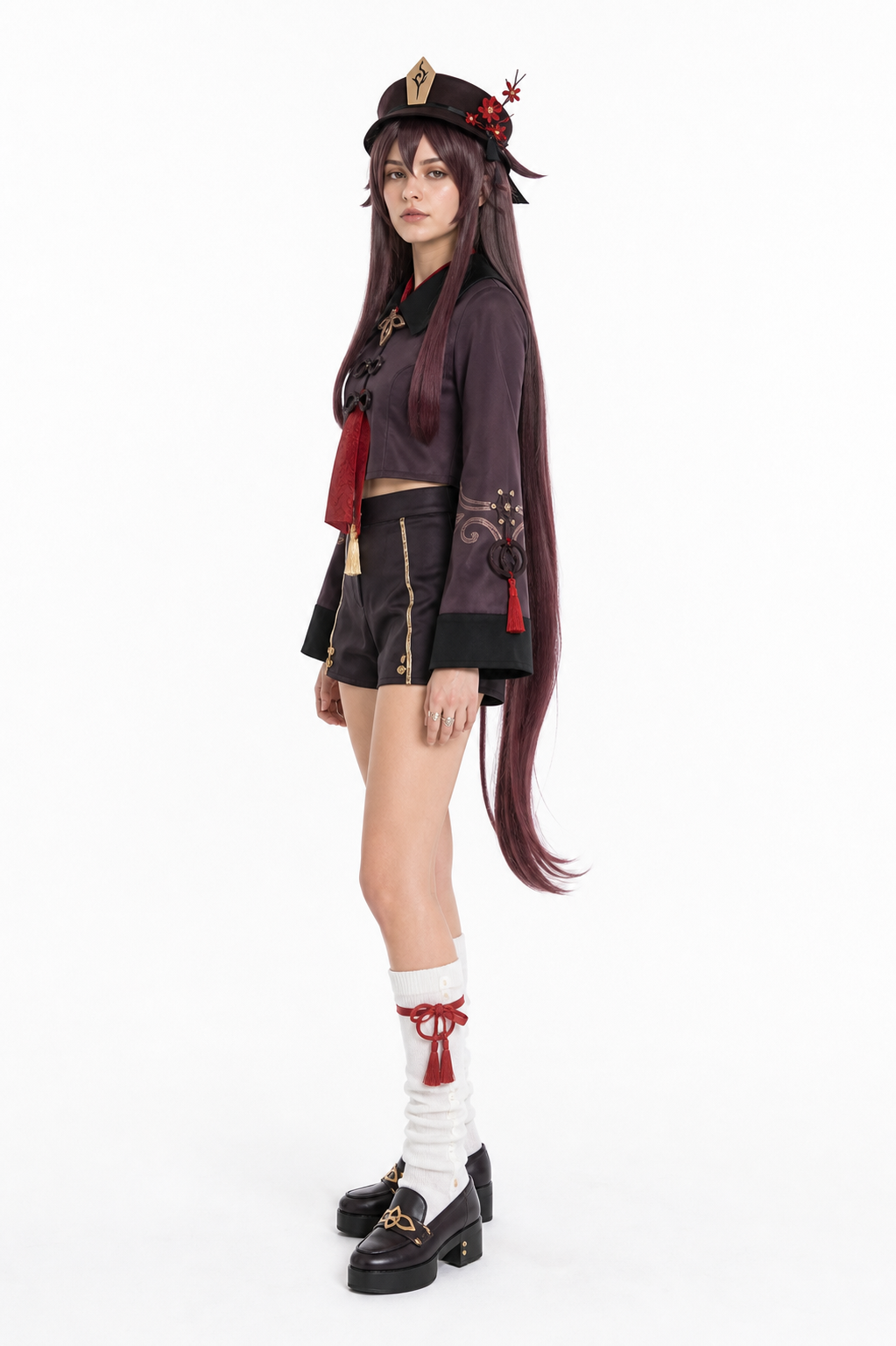 Hu Tao Cosplay Costume with Wig and Accessories side view