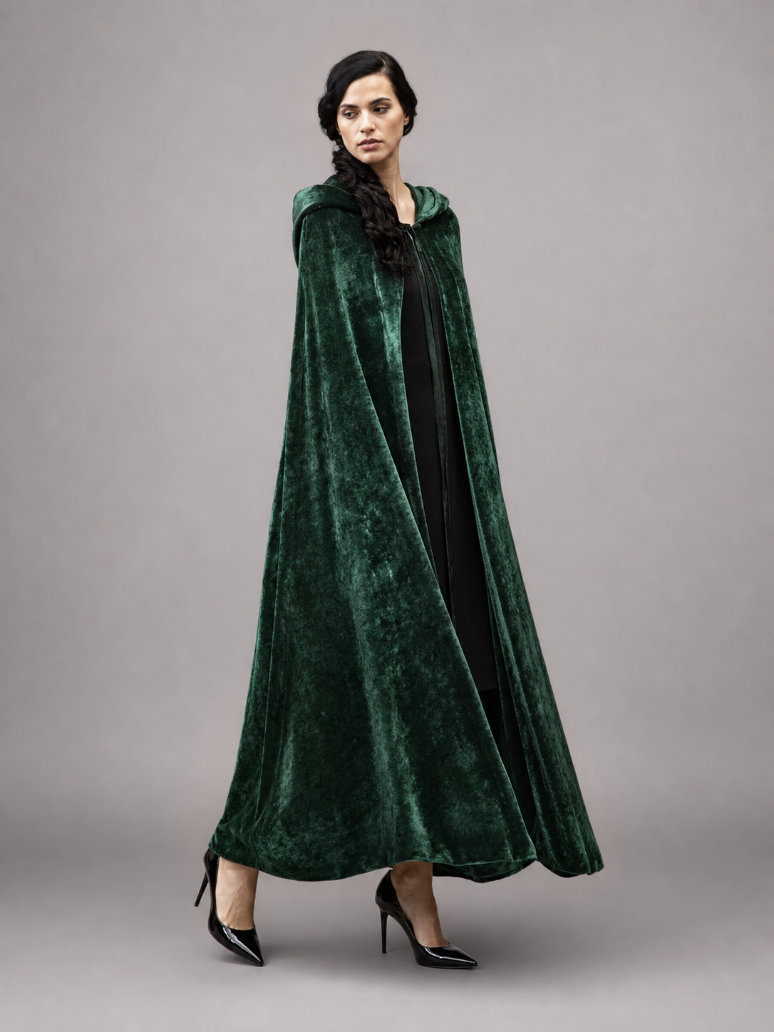 Dark green hooded velvet costume cape product view 55