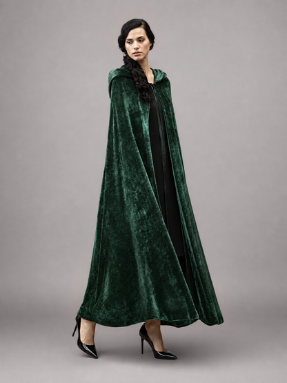 Dark green hooded velvet costume cape product view 55