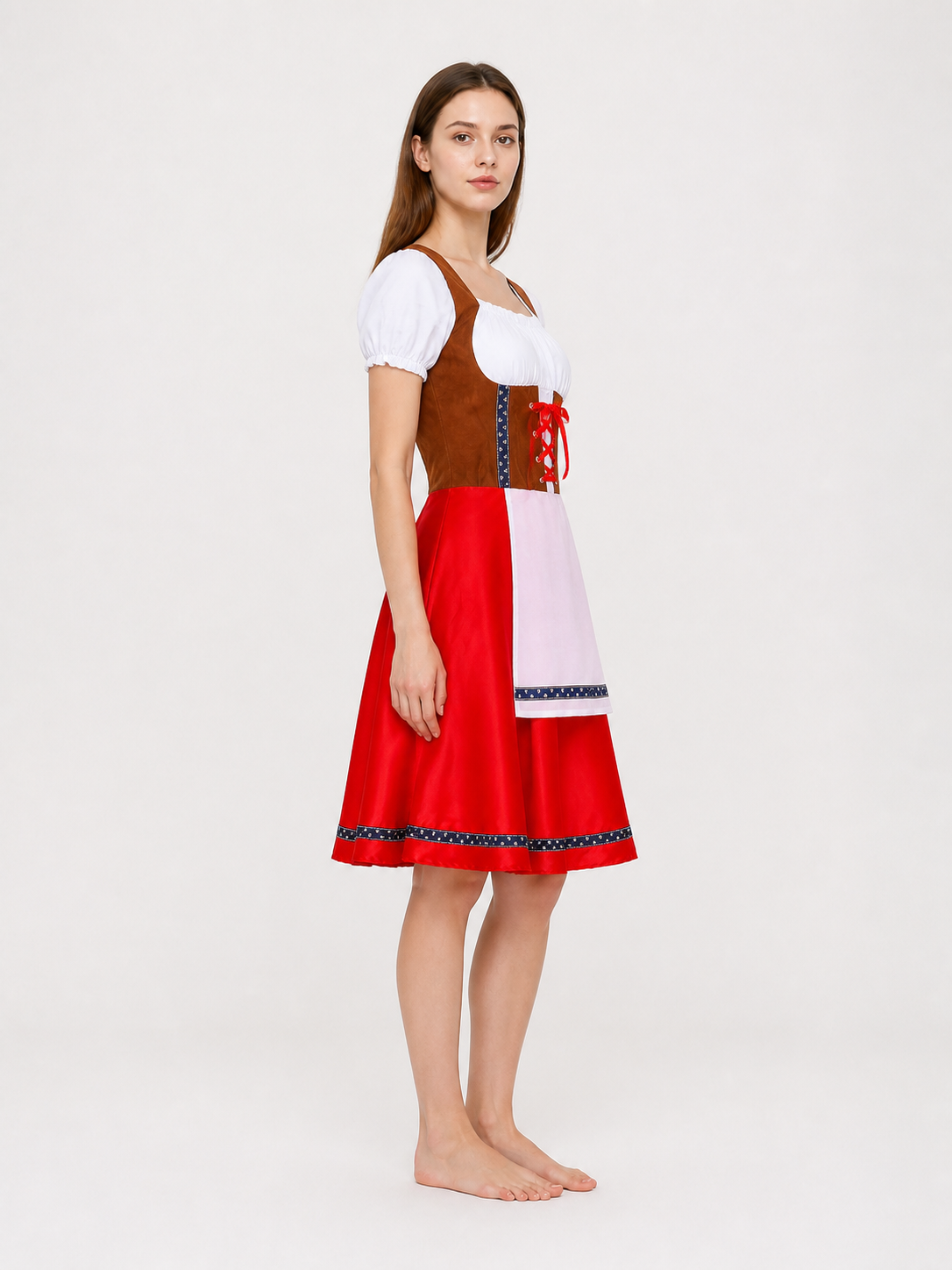 Bavarian Folk Costume with White Apron and Red Skirt side view