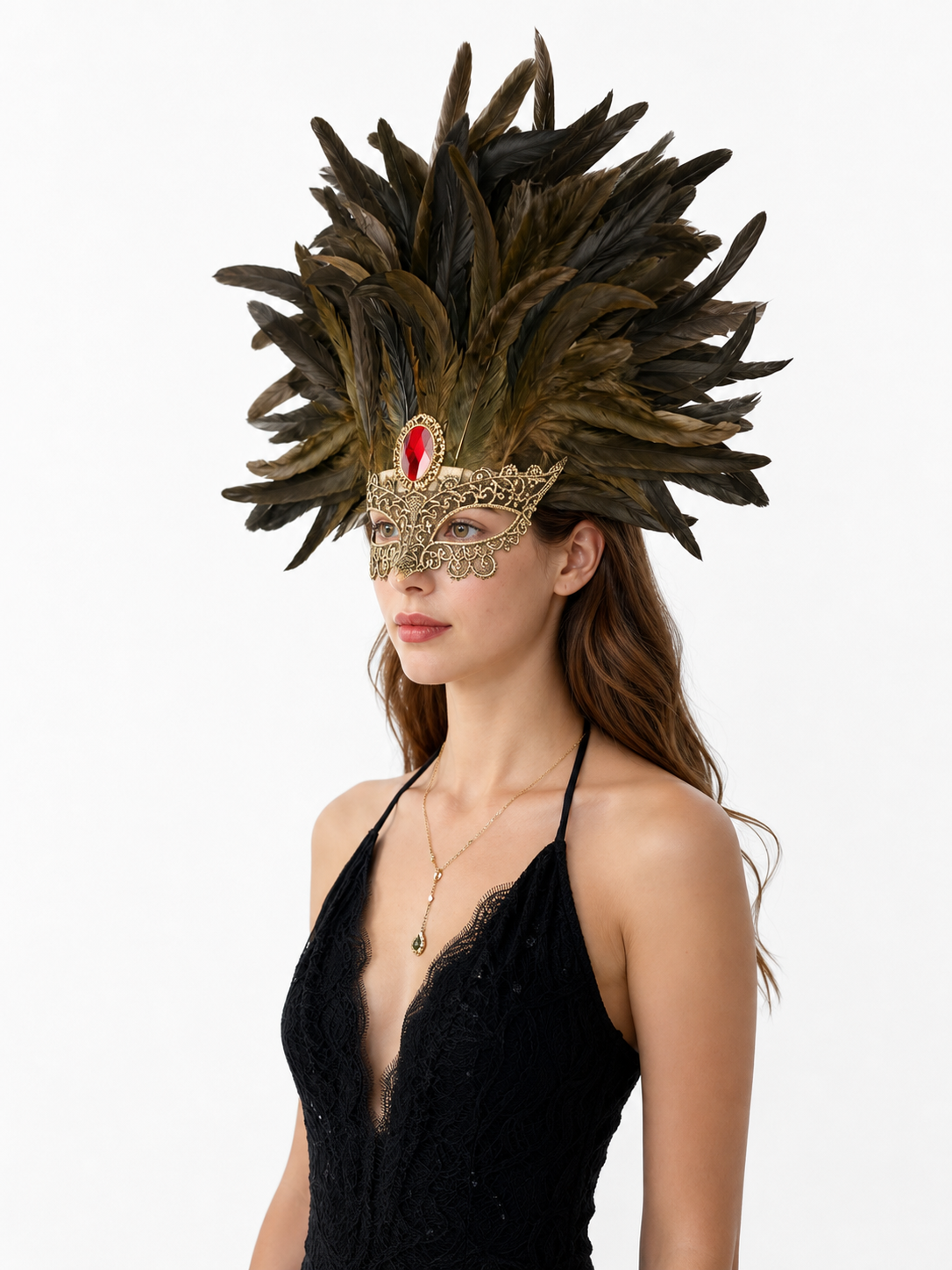 Carnival Headpiece with Mask and Feathers