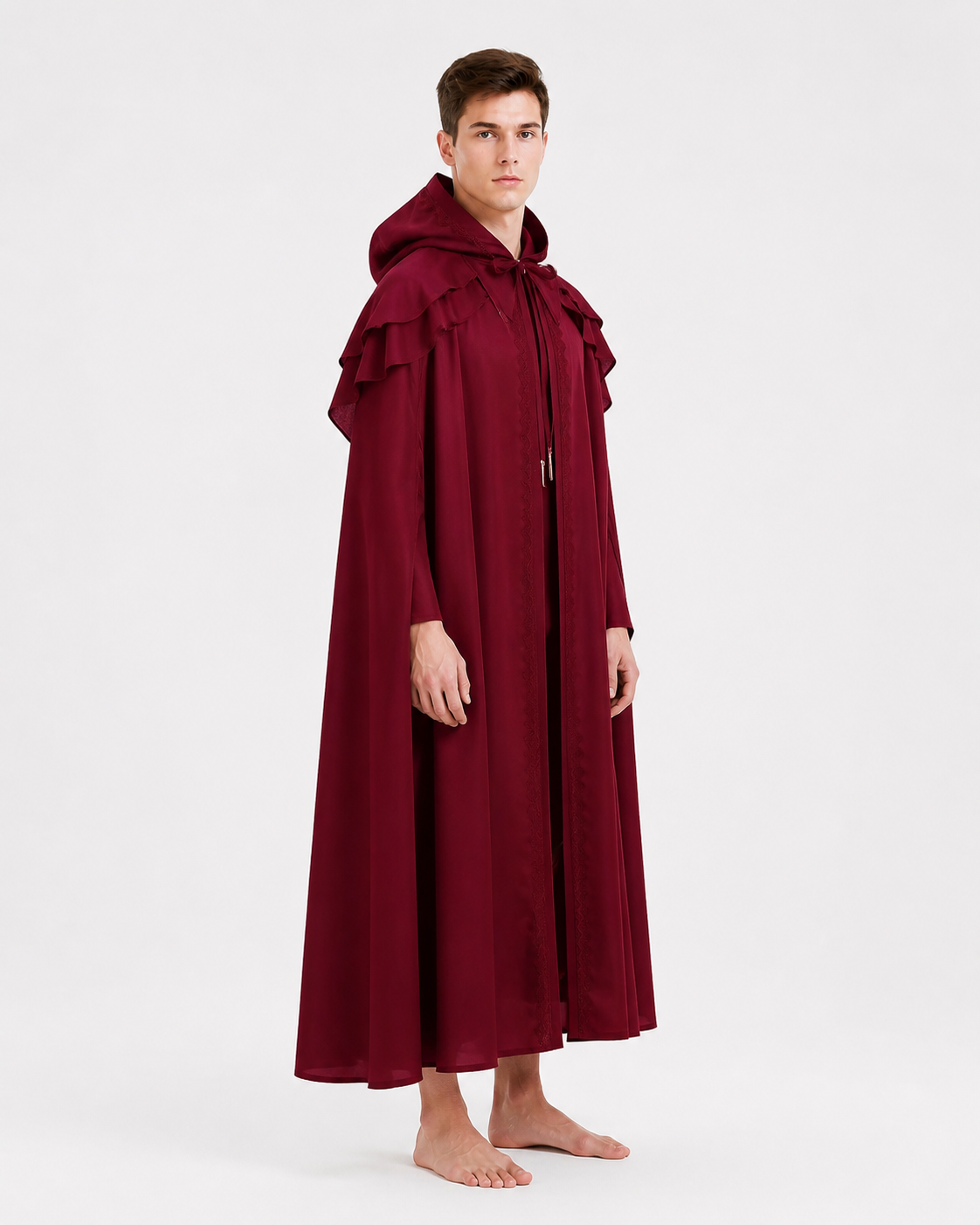 Burgundy Hooded Cloak with Ruffles for Costumes side view