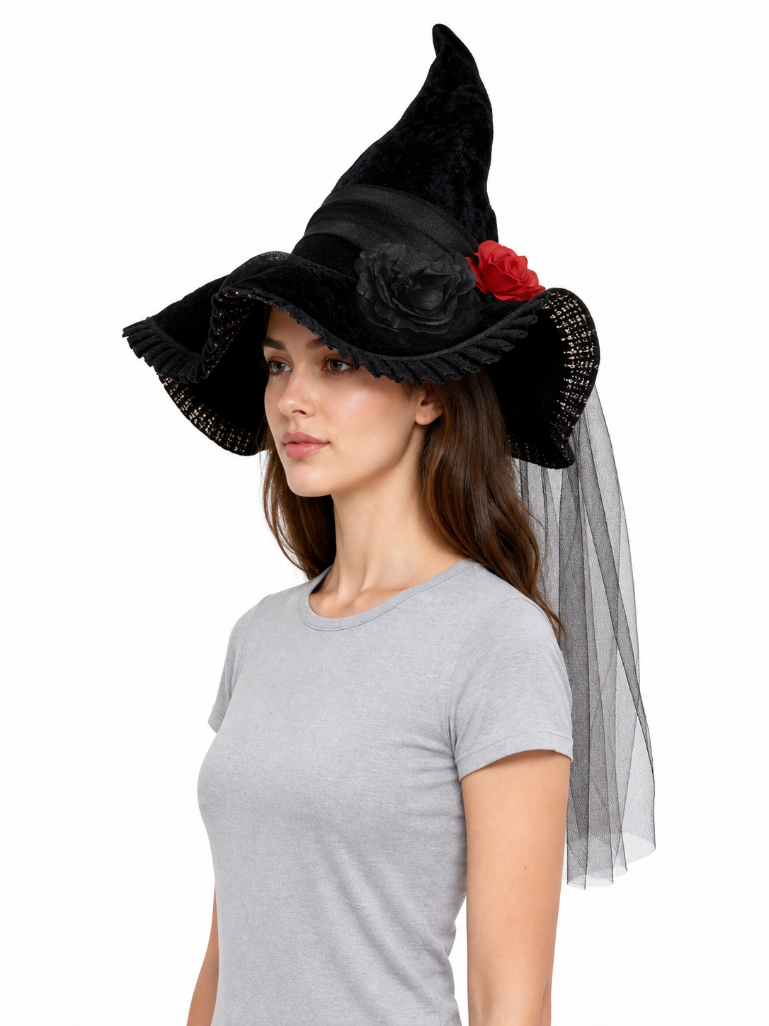 Black Halloween Witch Hat with Red Rose, Wide Brim, Tall Pointed Crown and Sheer Veil for Costume Parties and Photo Shoots