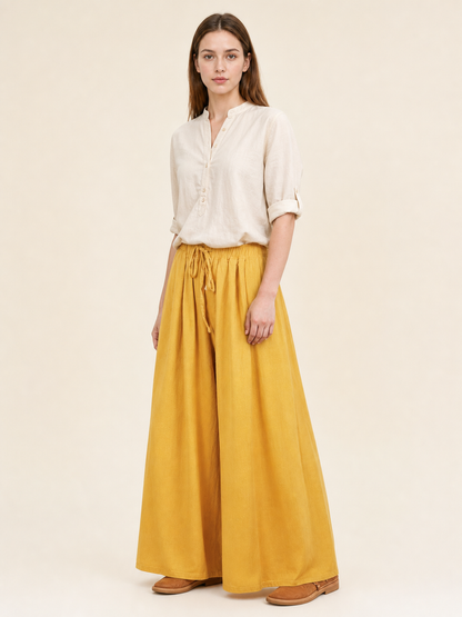 Wide-Leg Yellow High-Waisted Pants with Drawstring