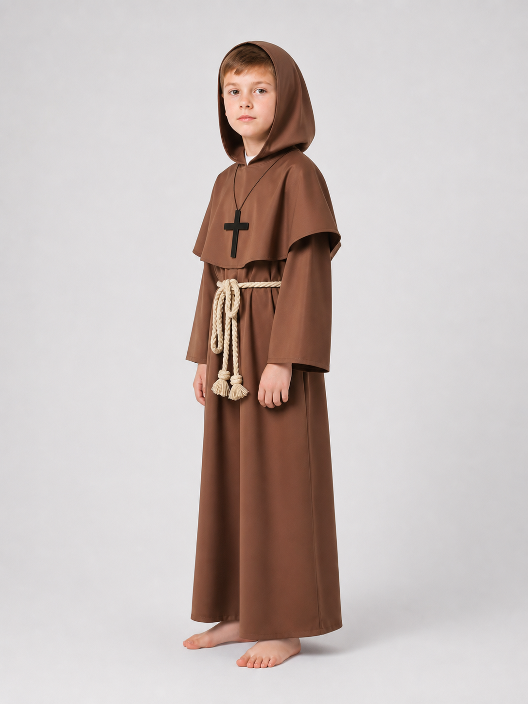 Brown hooded costume with cross