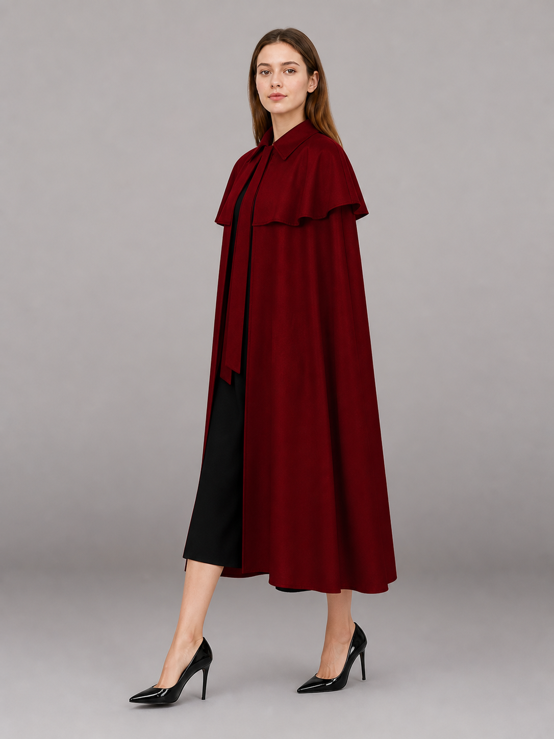 Burgundy Dress with Collar and Flared Hem