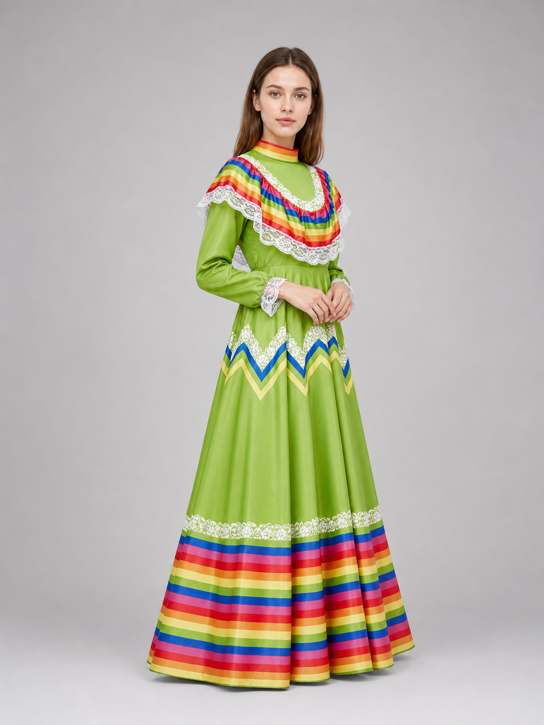 Bright folk dress with a full skirt and lace