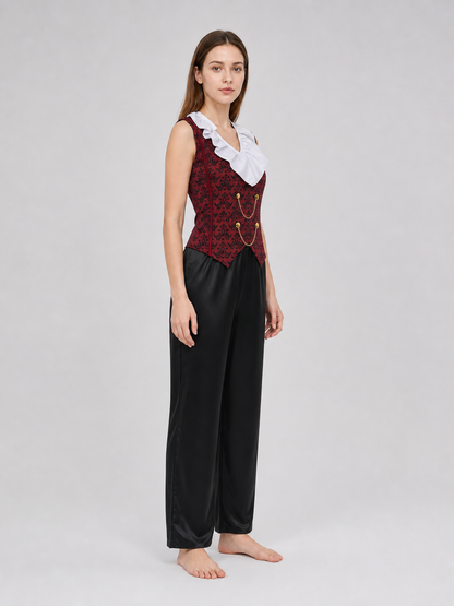 Cosplay costume with cape, chain, and trim