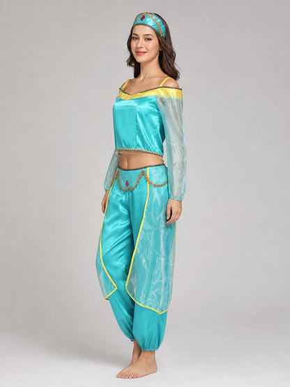 Turquoise Aladdin cosplay costume with headwear side view