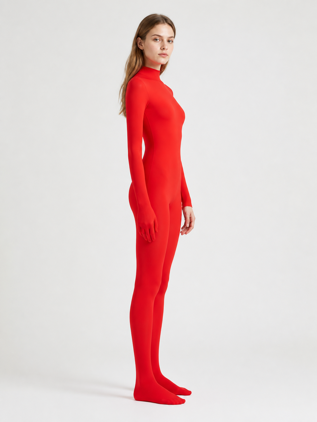 Fitted jumpsuit with covered hands and feet side view