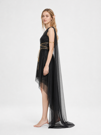 Greek Goddess Costume with Cape, Black with Gold Belt side view
