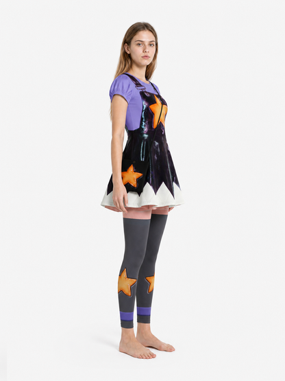 Character costume: dress, leggings, shorts, and bag side view
