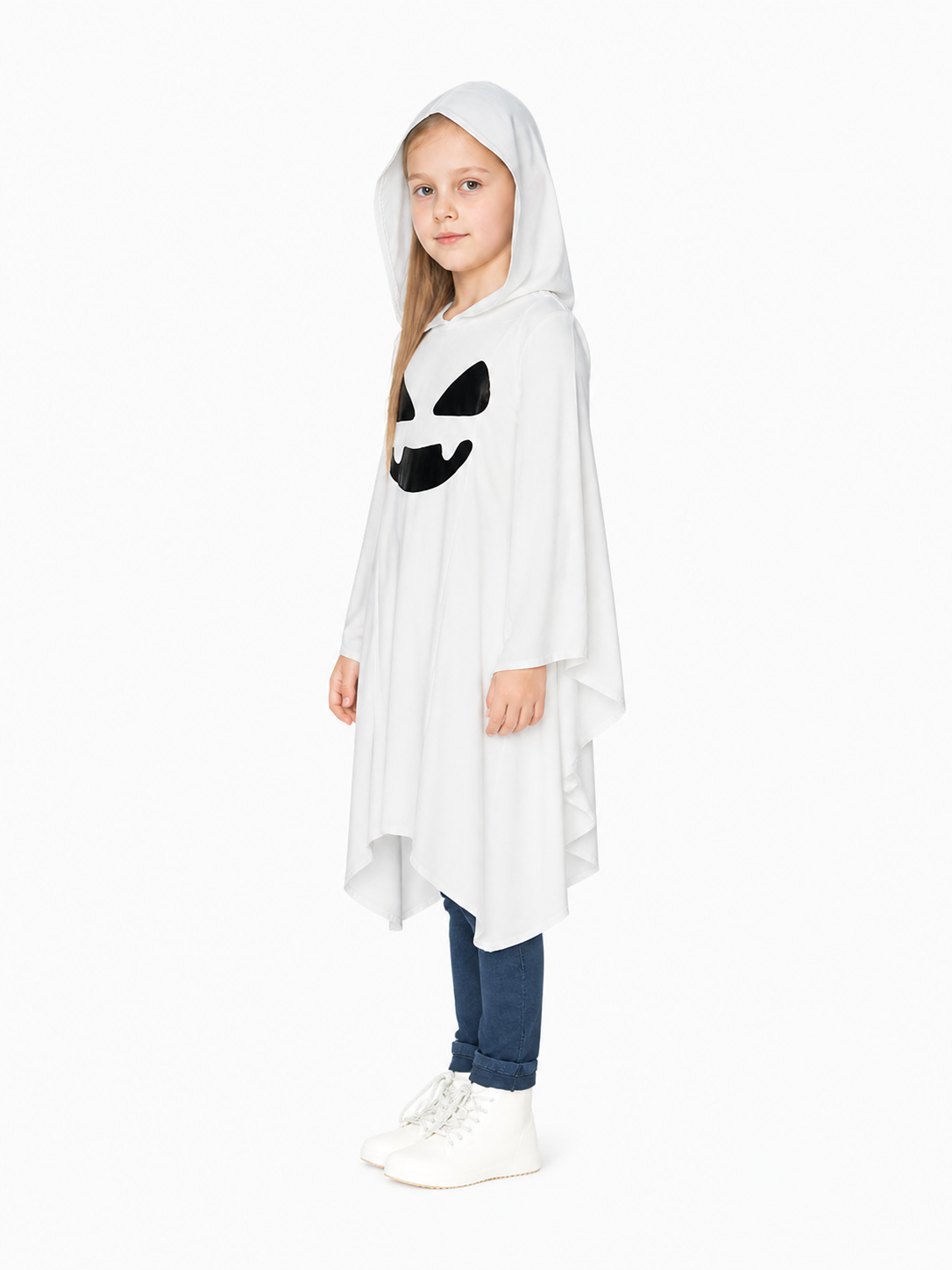Children's White Hooded Ghost Cape for Halloween side view