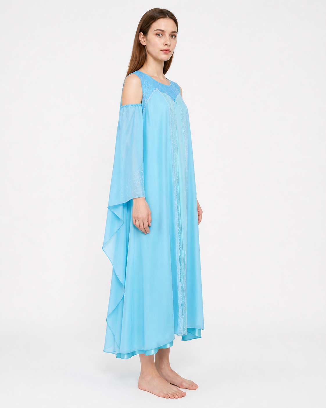 Long Light-Blue Dress with Off-the-Shoulder Neckline and Sleeves side view
