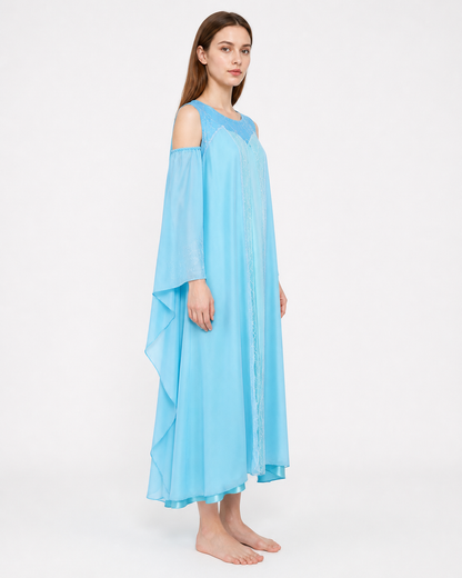 Long Light-Blue Dress with Off-the-Shoulder Neckline and Sleeves side view