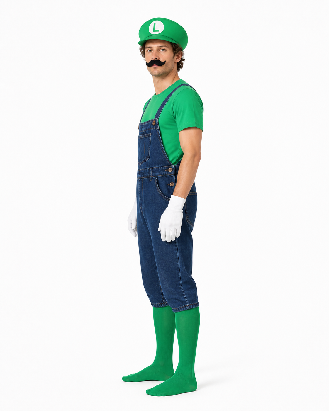 Luigi Costume: T-Shirt, Overalls, and Hat side view
