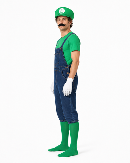 Luigi Costume: T-Shirt, Overalls, and Hat side view