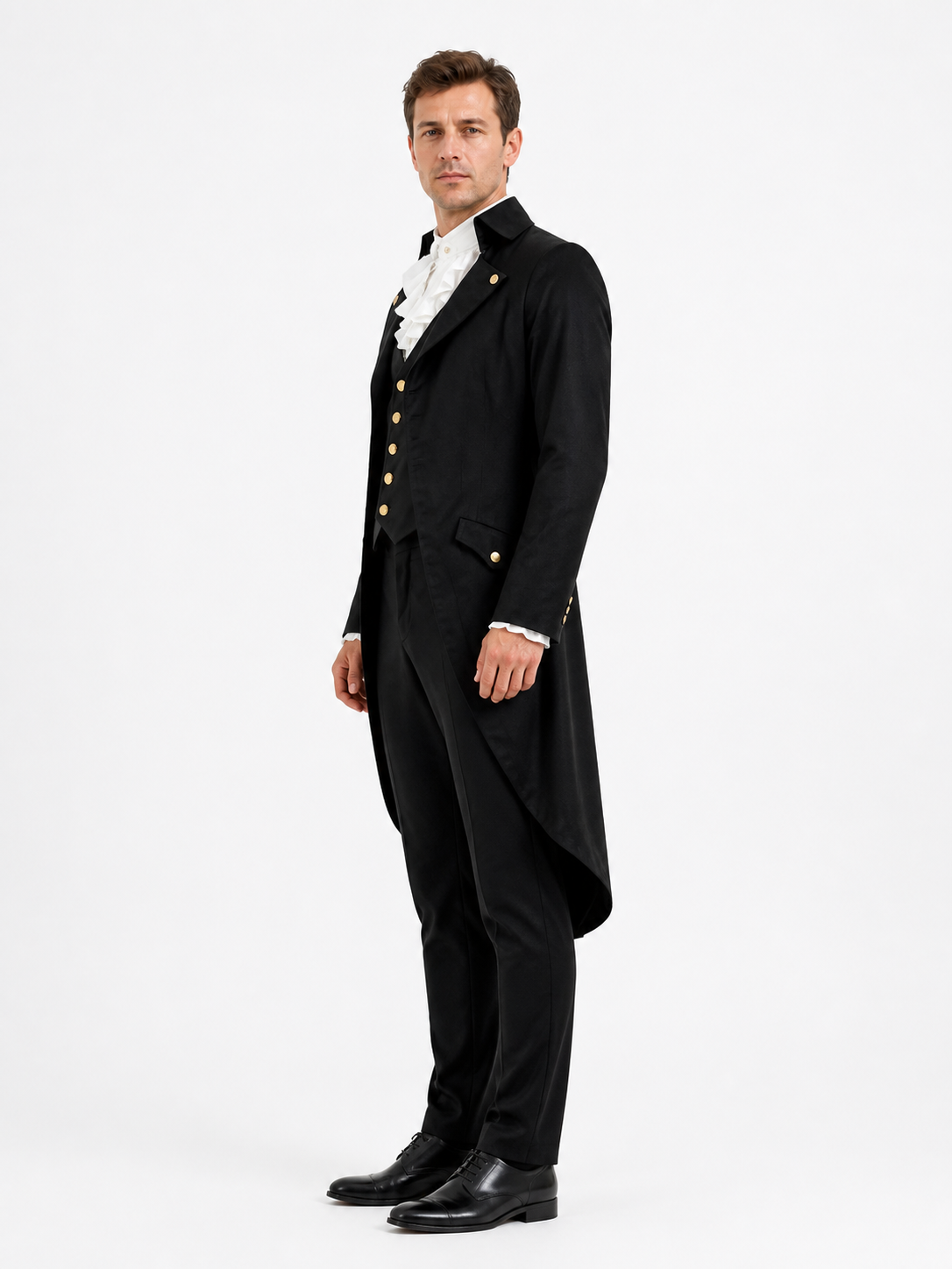 Gothic Black Steampunk Tailcoat with Gold Buttons side view