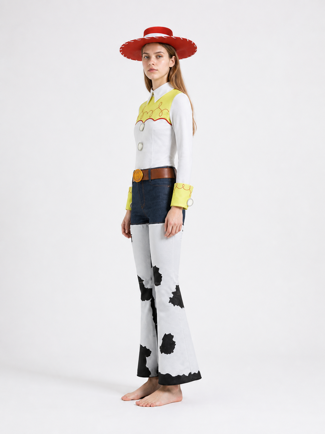 Cowboy Costume with Red Hat and White Flared Pants side view