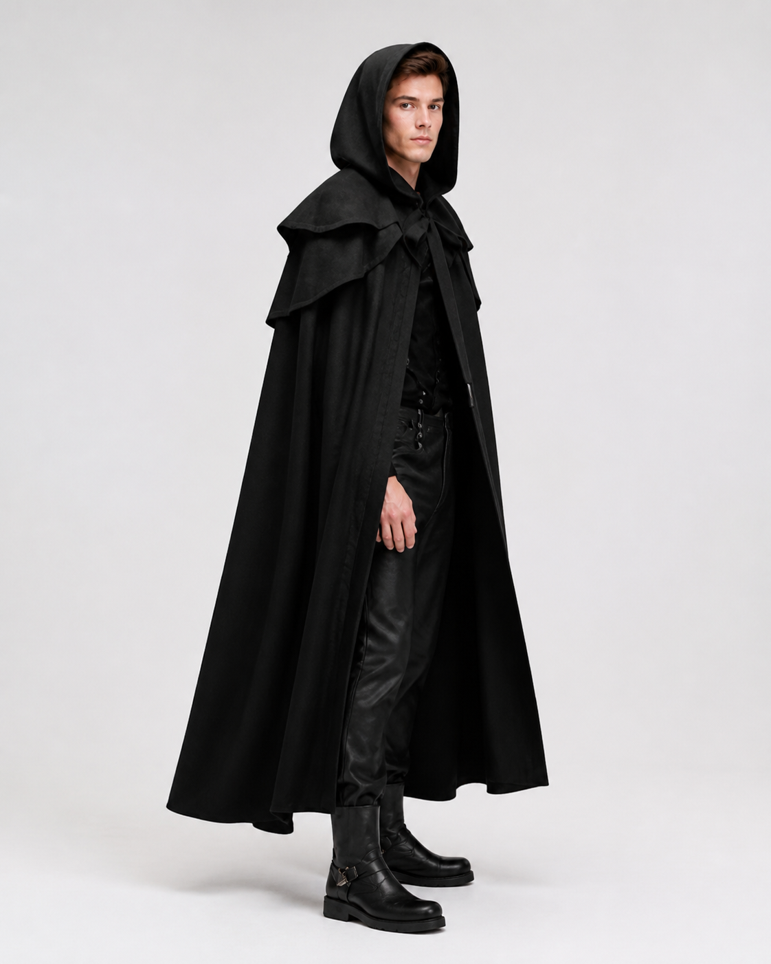Black Gothic-Style Hooded Cape side view