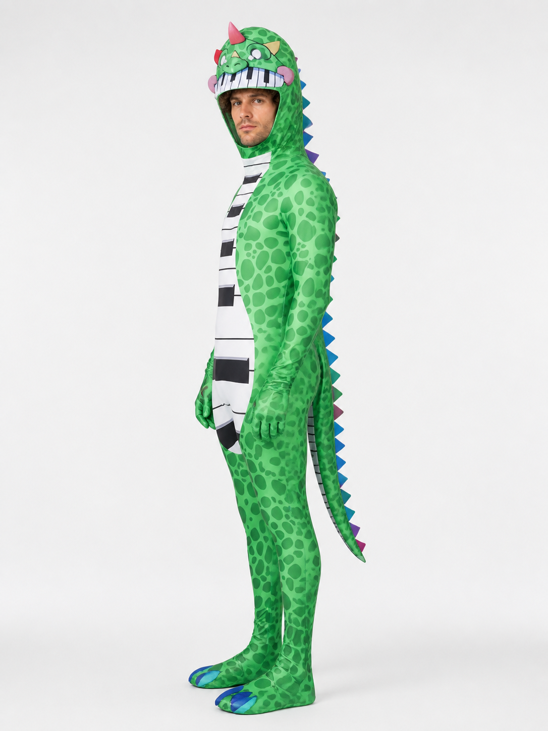 Green Dinosaur Hooded Jumpsuit Costume side view