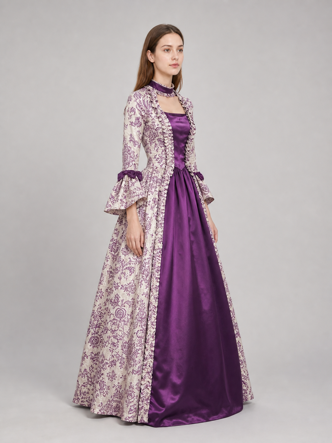 Long-Sleeve Evening Dress with Patterned Bodice