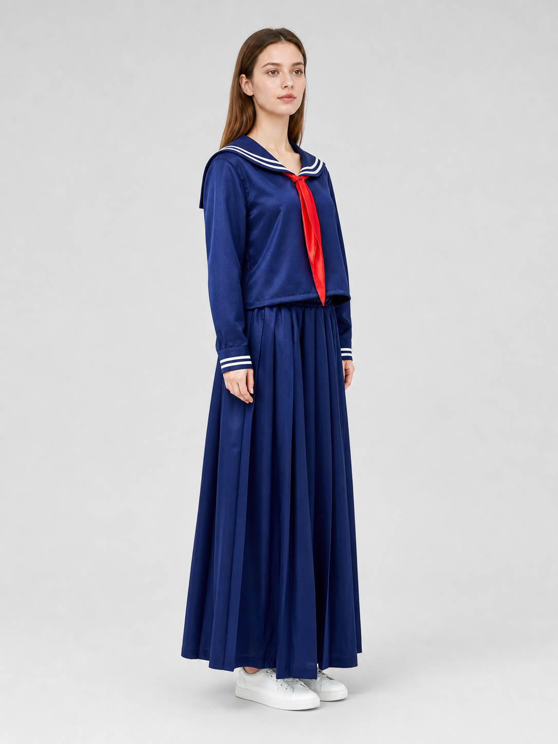 Sailor-style costume with a long pleated skirt