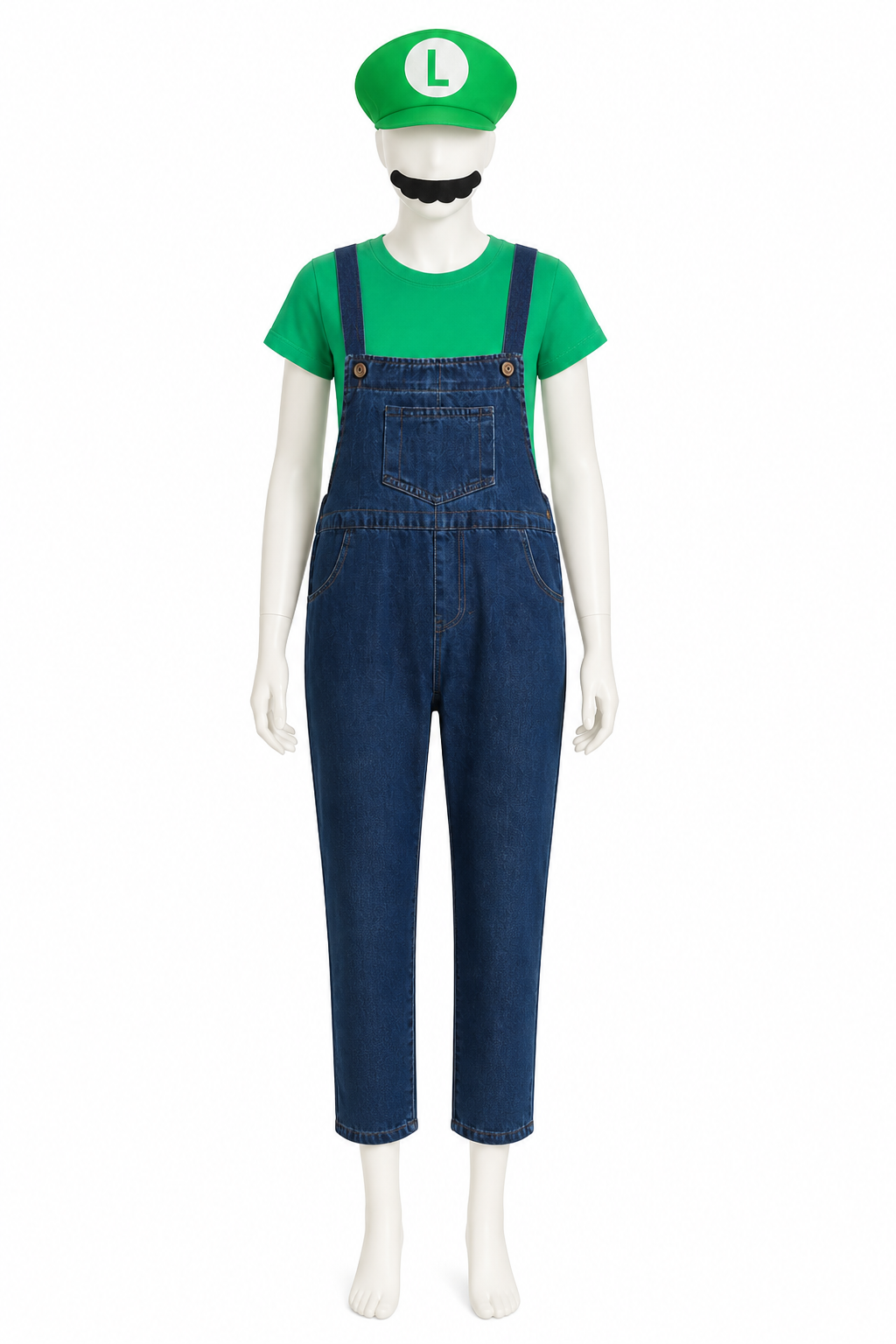 Luigi Costume: T-Shirt, Overalls, and Cap side view