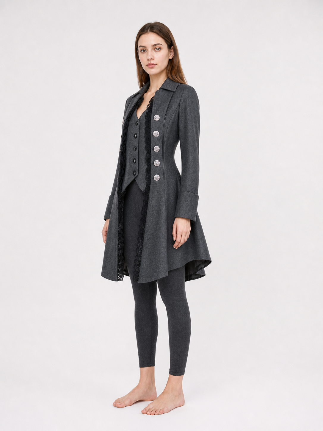 Long Gothic-Style Coat with Lace Trim