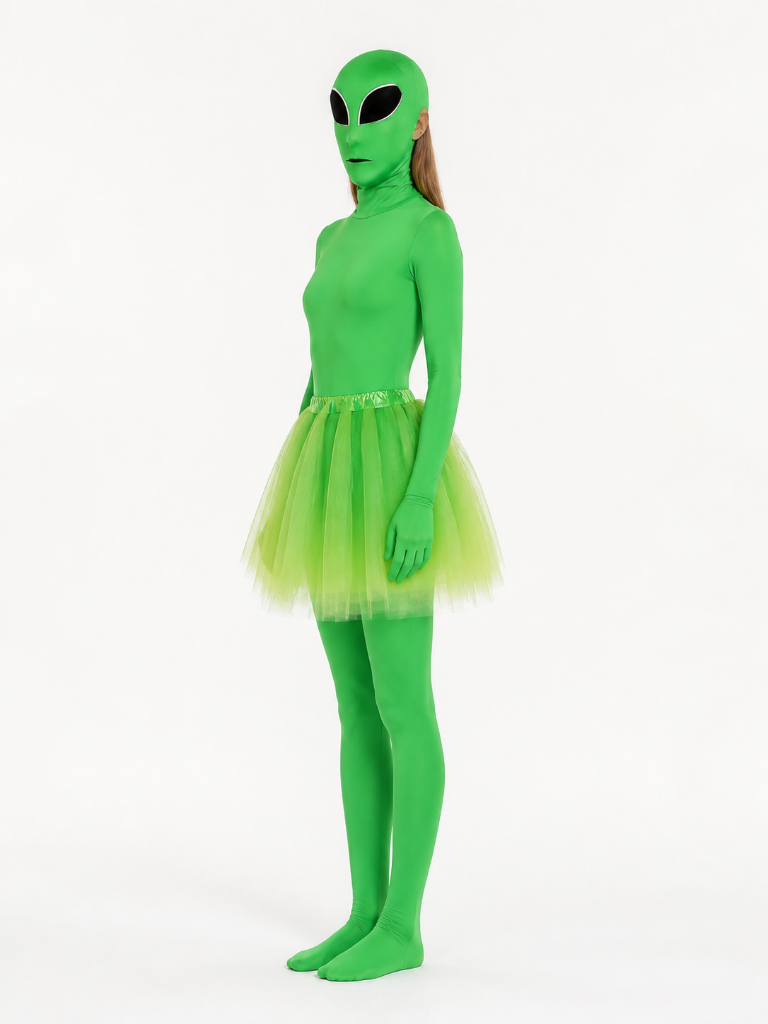 Green Alien Costume with Skirt and Mask for Halloween side view