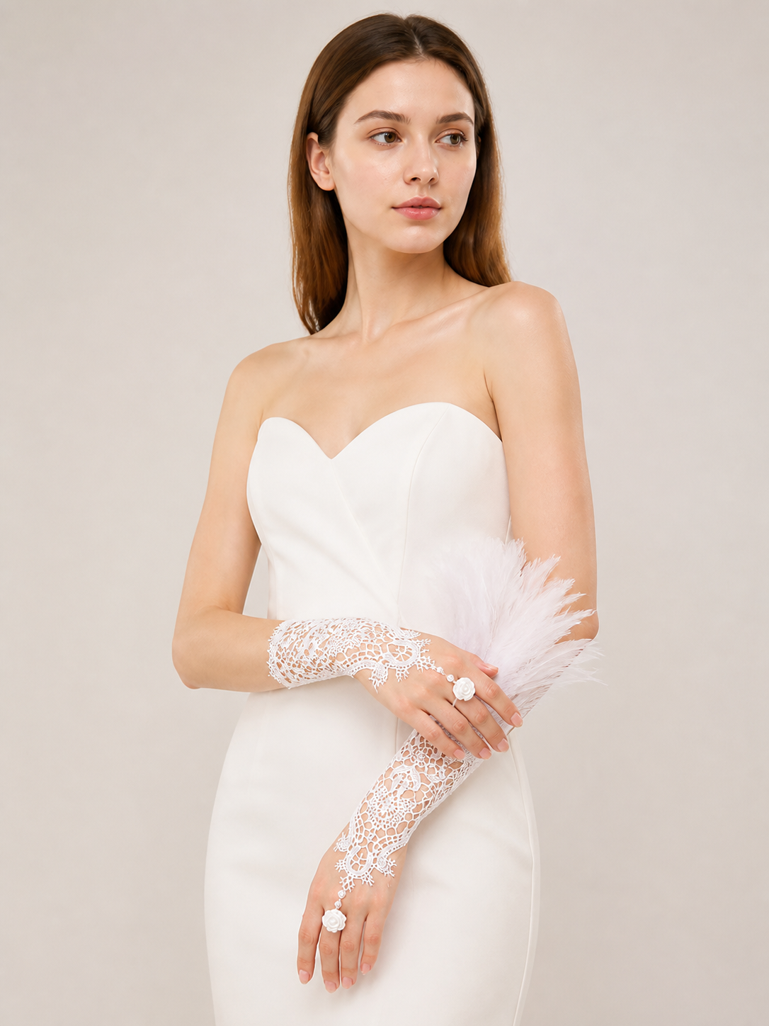 White Lace Finger-Loop Feather Gloves, Pair