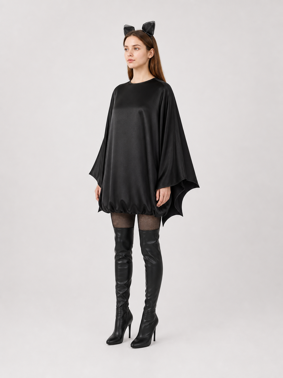 Black bat costume dress with a headband and ears for themed events. The design side view 2