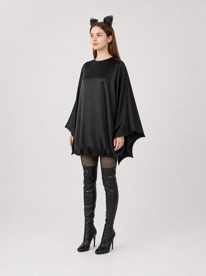 Black bat costume dress with a headband and ears for themed events. The design side view 2