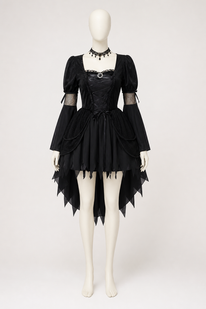 Black Gothic Witch Dress with an Asymmetrical Hem side view