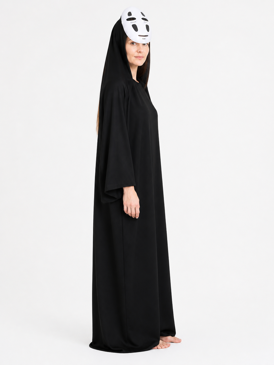 No-Face Costume: Black Hooded Robe and White Mask side view