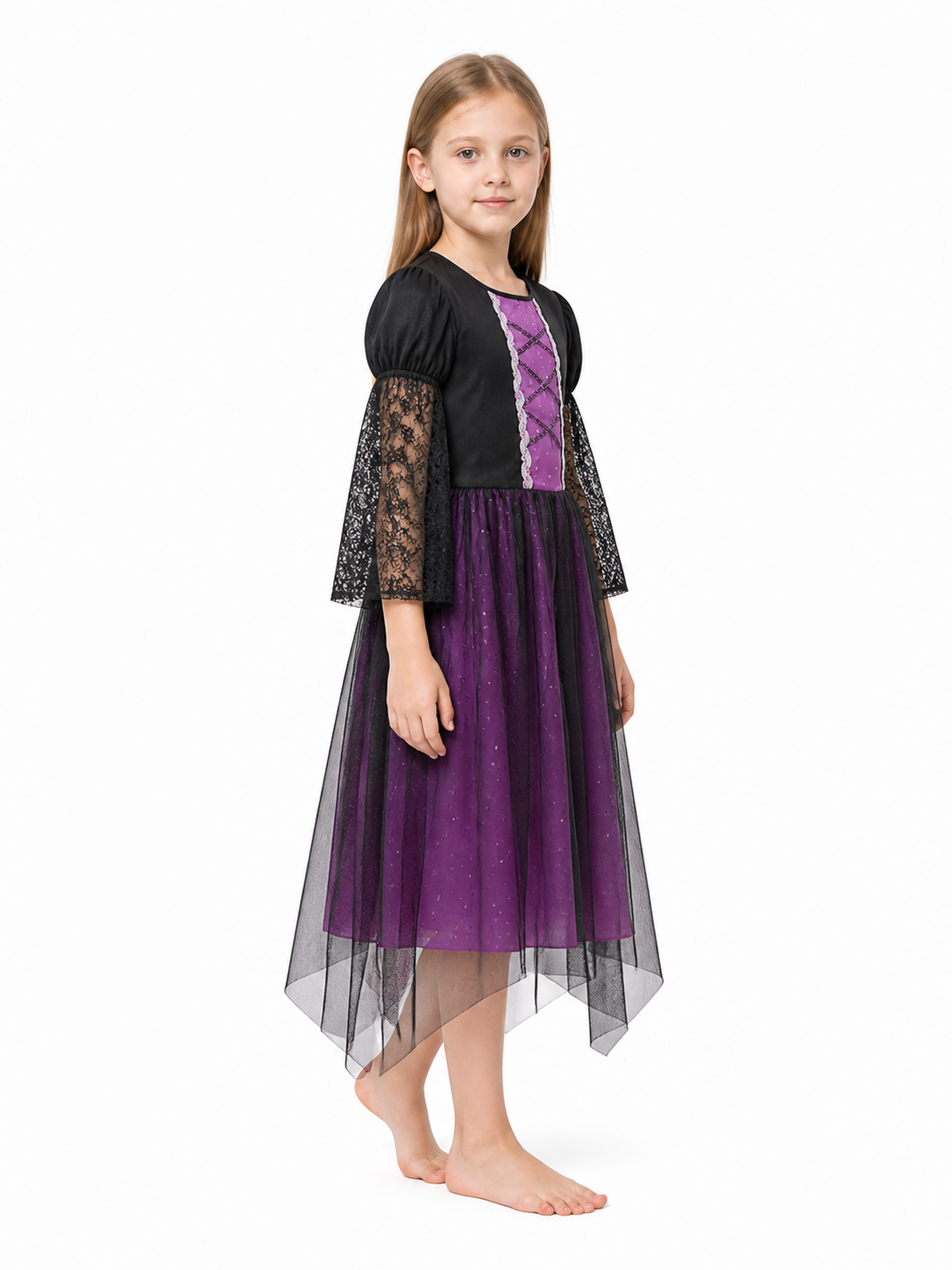 Black and Purple Carnival Dress with Lace Sleeves side view