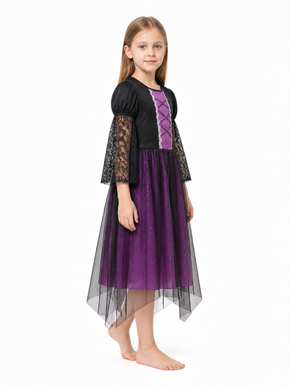 Black and Purple Carnival Dress with Lace Sleeves side view