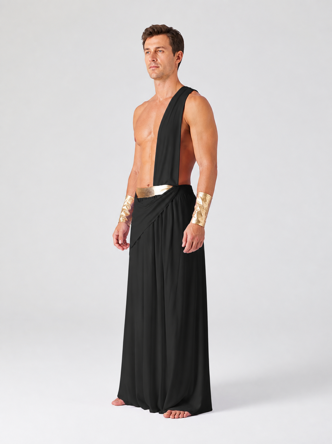 Long Black One-Shoulder Toga with Gold Belt side view