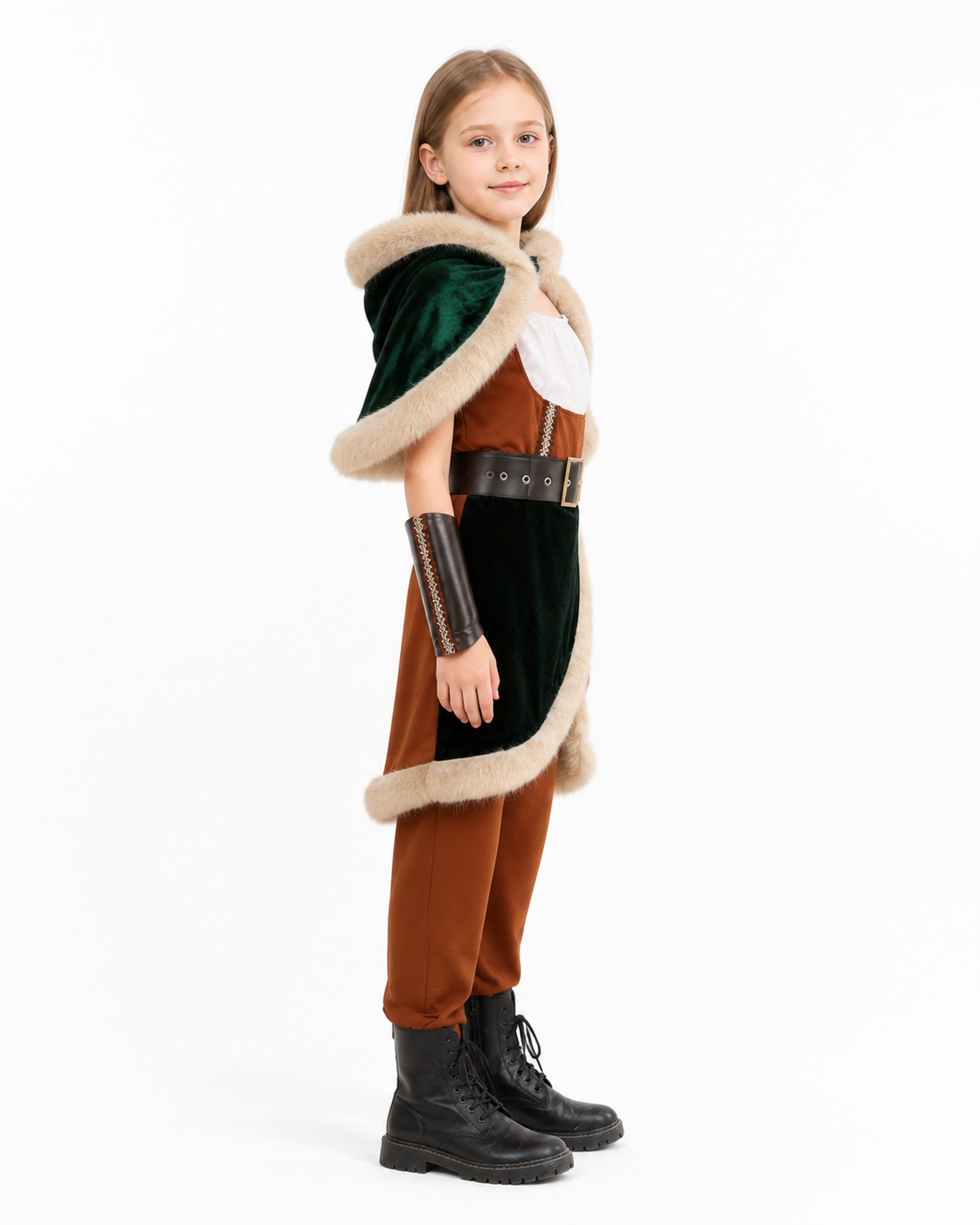 Historical costume with hood, cloak, and belt side view