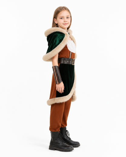 Historical costume with hood, cloak, and belt side view