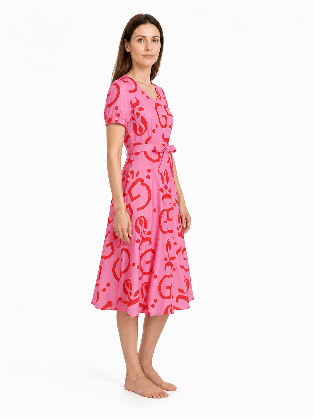 Pink cosplay dress with red print and accessories side view