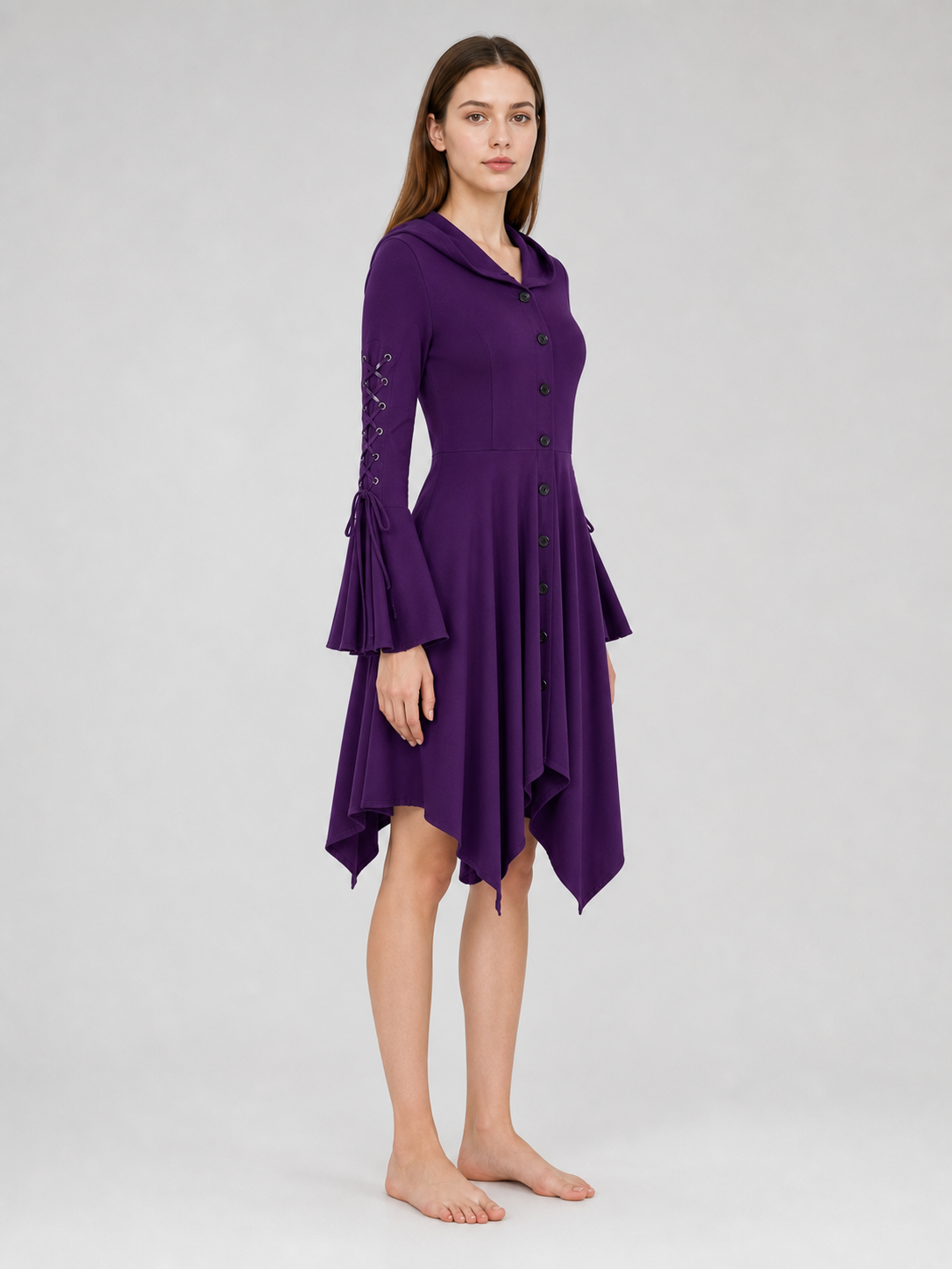 Gothic Hooded Dress with Flare and Asymmetry