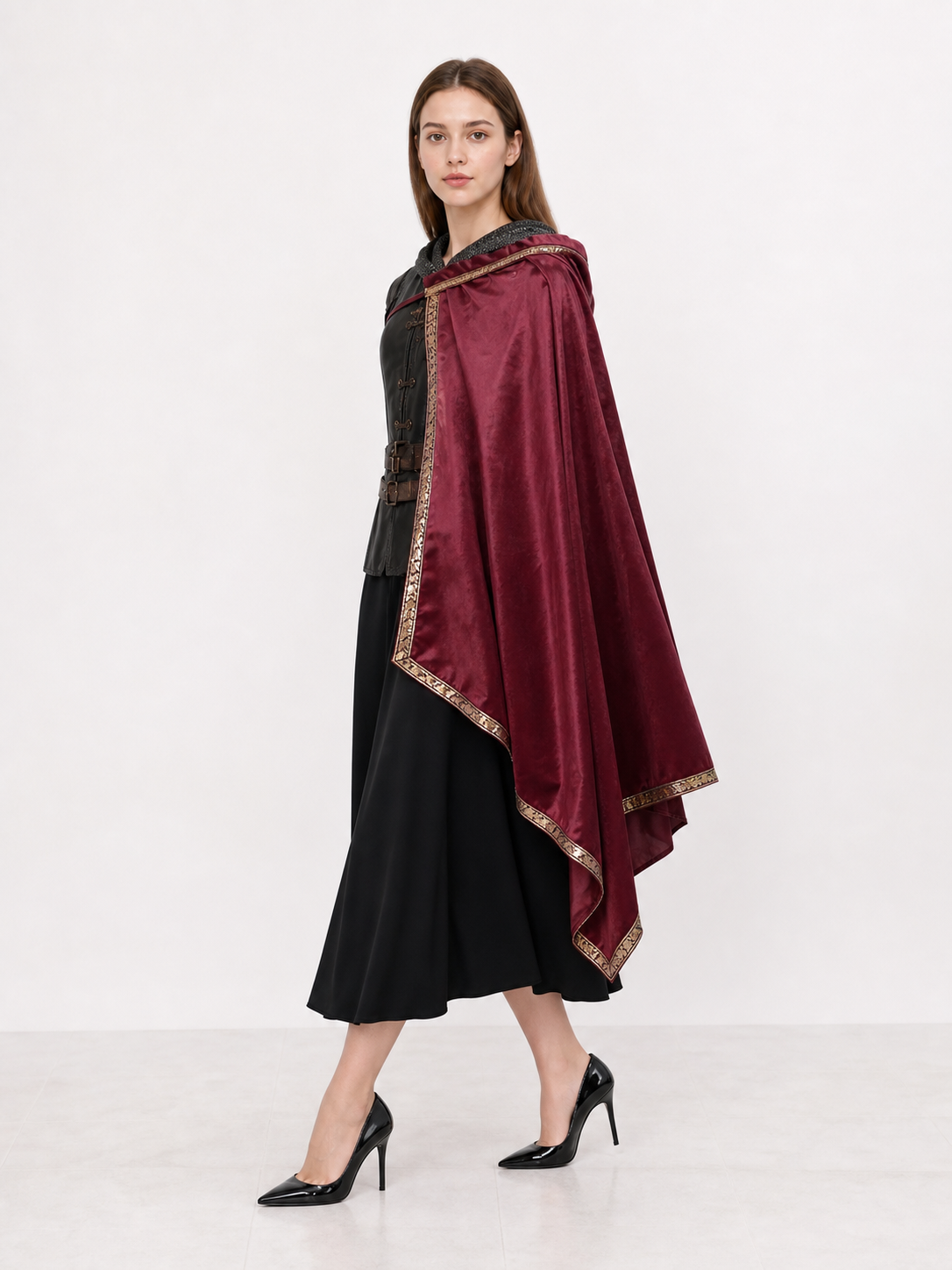 Burgundy velvet-look hooded costume cape product view 36