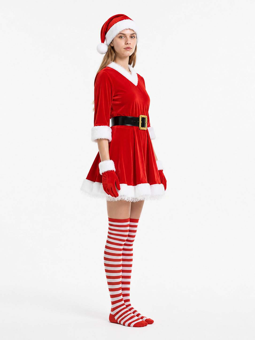 Santa Claus costume with hat, gloves, and stockings side view