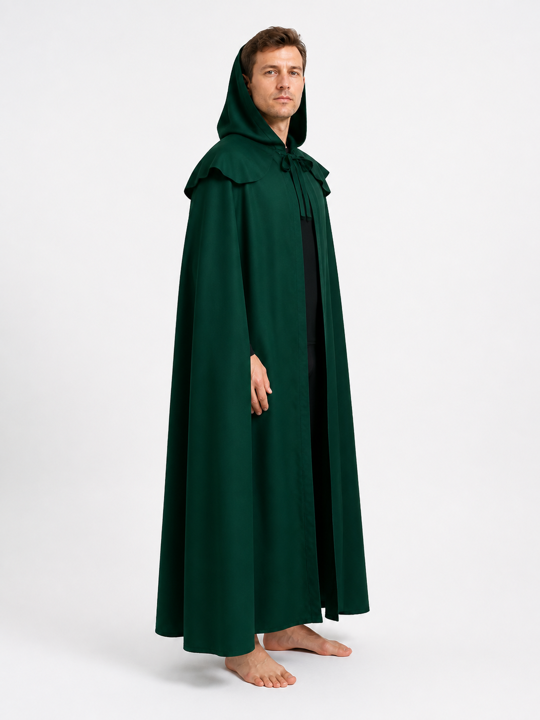 Long Green Gothic Hooded Cloak, S–XXL side view