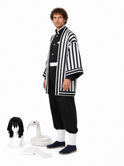 Obanai Iguro Cosplay Costume with Striped Kimono and Wig side view