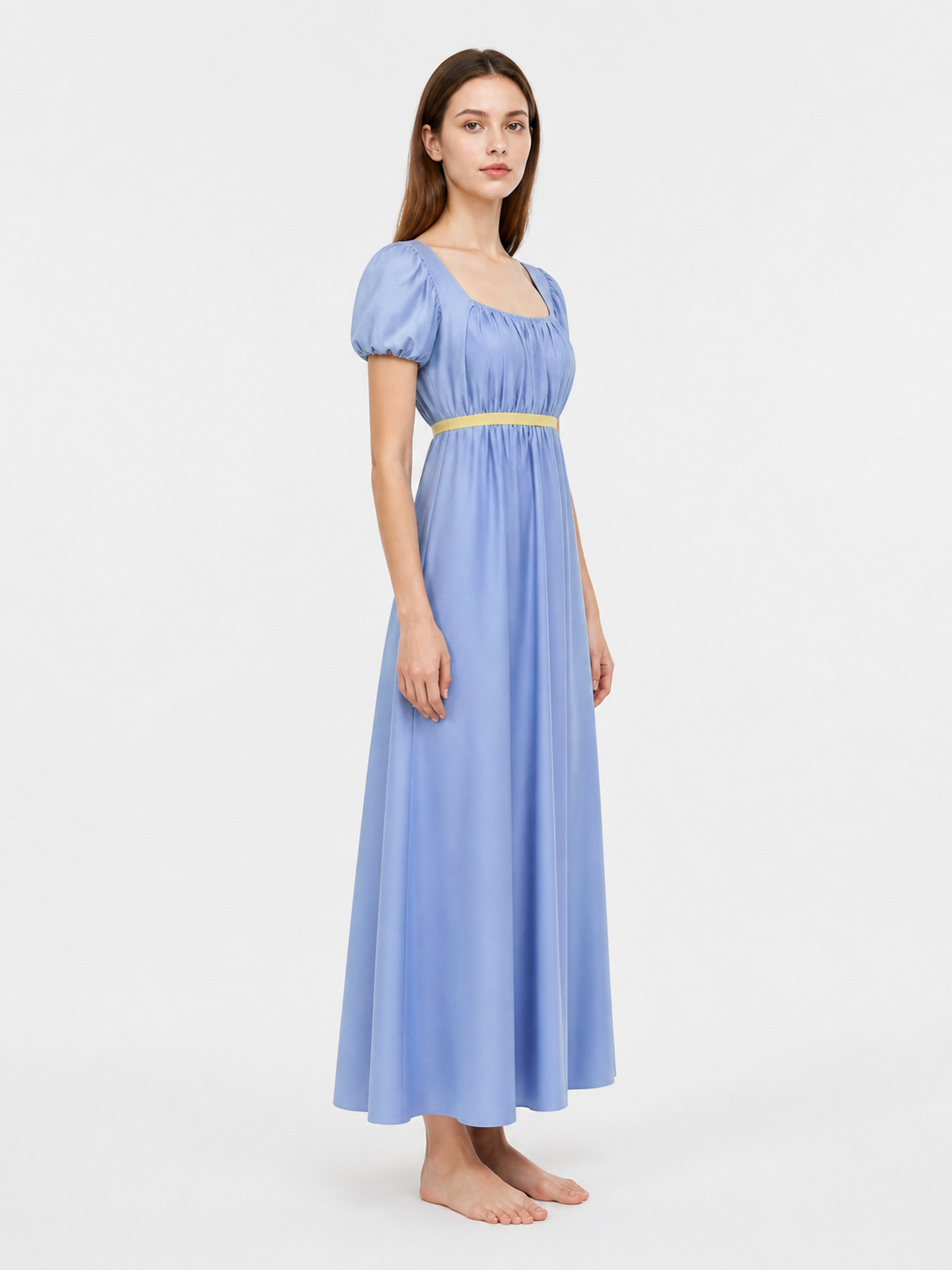 Long Dress with a Square Neckline and Puff Sleeves side view