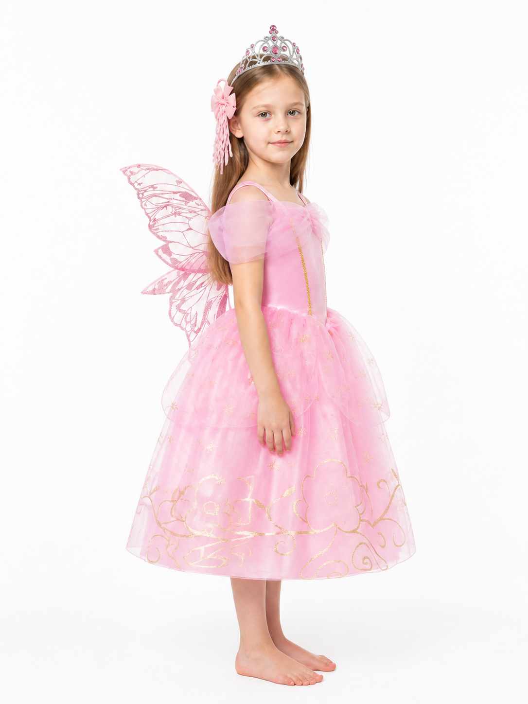 Pink Princess Aurora Costume with Wings and Crown side view
