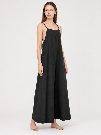 Loose Wide-Leg Black Cotton and Linen Overalls with Straps