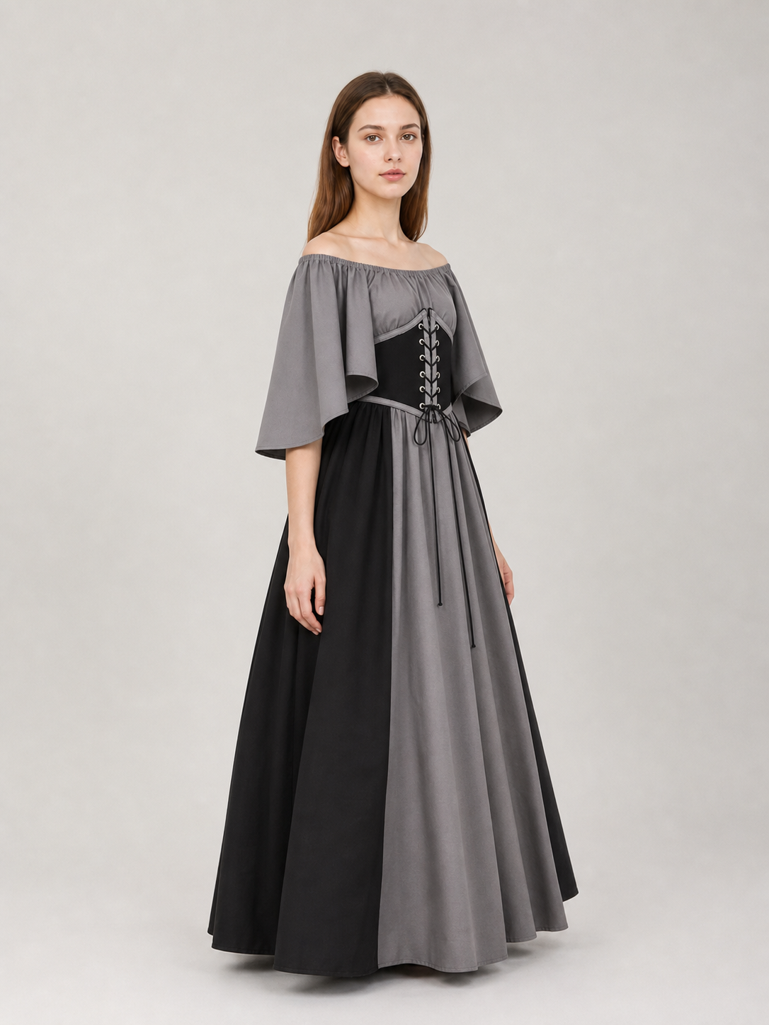 Gothic Dress with Corset, Ruffles, and Lace-Up Detail